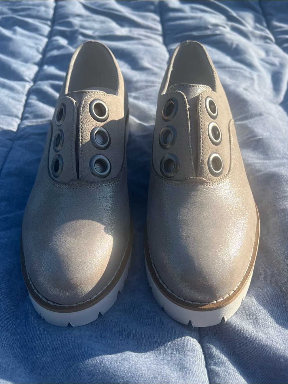 Girotti Italian Leather Chunky Sole Loafers Nickel Eyelets Metallic Gray Suede